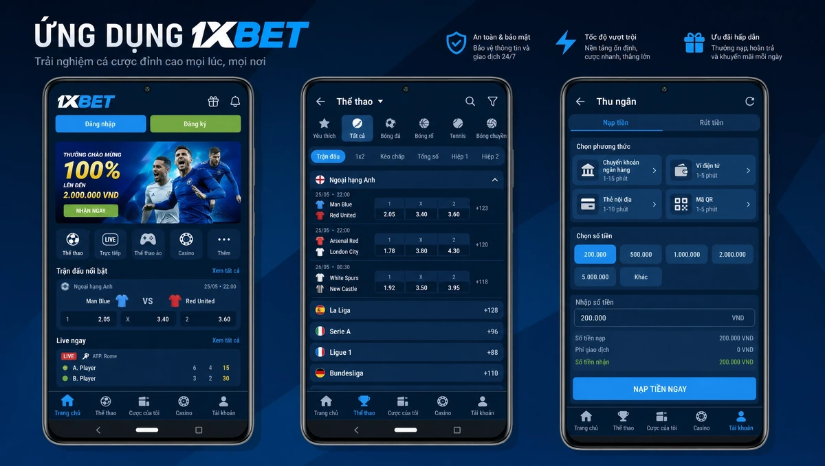 Three 1xBet Android app screens