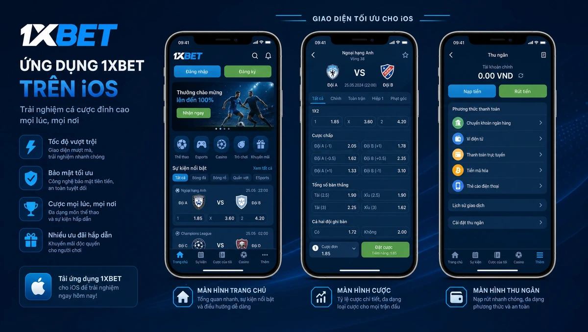 Three 1xBet iPhone app screens