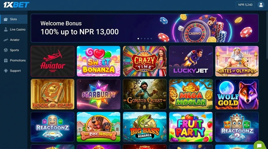 1xBet casino lobby with 8,000+ slots and live dealer rooms