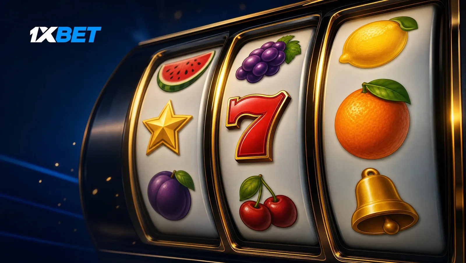 Three 1xBet slot reels with fruit and seven symbols