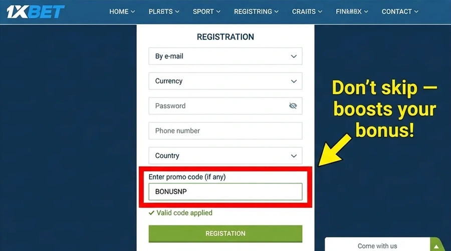 Ô nhập mã khuyến mãi VNPOWER88 trên form đăng ký 1xBet, phía dưới dòng mật khẩu